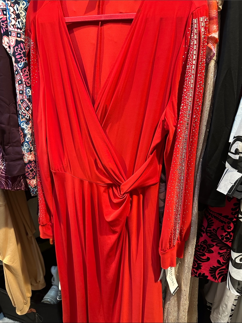 Perceptions Red Long Sleeve Wrap Dress with Embellished Sleeves